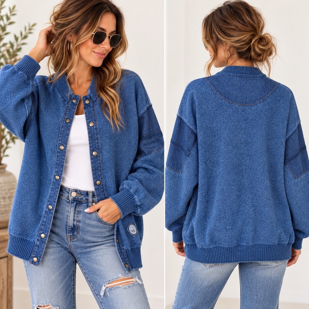 Vintage Blue Willis Indigo Cotton Denim Patchwork Knit Cardigan Sweater Mens Lg